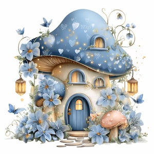Pode incluir: Ilustração de uma casa de cogumelos caprichosa em tons de azul, bege e pêssego. A tampa do cogumelo é azul claro com detalhes de corações e estrelas. Flores azuis e borboletas cercam a casa, com o texto "Zigi" na tampa.