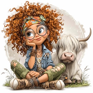15 Images clipart fille bouclée et vache JPEG - Ferme de dessins animés JPG - Art numérique mignon pour travaux manuels pour enfants, pages d'agenda, impressions d'animaux, décoration rustique