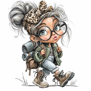 15 PNG Leopard bow girl – Clipart de mochila de caminhada – Arte de viajante aventureiro para adesivos de planejador, impressões infantis, cartões digitais