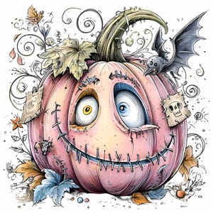 May include: A whimsical, pink pumpkin illustration with stitched features, a stitched smile, and mismatched eyes. A bat and decorative leaves and vines add to the Halloween theme. The pumpkin has a stem and is decorated with patches.