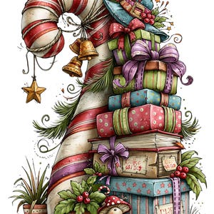 May include: A large red and white striped candy cane leaning against a stack of colorful wrapped gift boxes, topped with a blue pointed hat. The scene includes gold bells, a star ornament, green pine branches, holly berries, and a small mushroom figure.