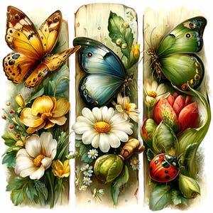 Op de afbeelding: Een levendige illustratie toont drie verticale panelen met vlinders, bloemen en een lieveheersbeestje. De vlinders hebben oranje, blauwe en groene vleugels. Bloemen zijn onder meer gele orchideeën, witte madeliefjes en rode tulpen. Er is ook een lieveheersbeestje met rode en zwarte stippen.
