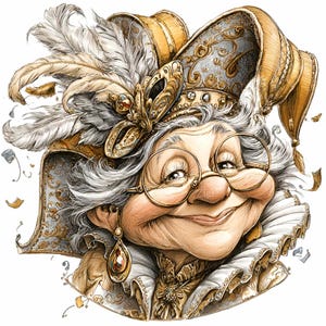 10 PNG dame en costume d'or - clipart PNG de vieille femme fantaisiste - oeuvre d'art de personnages vintage pour travaux manuels de fête, gravures et décorations de théâtre