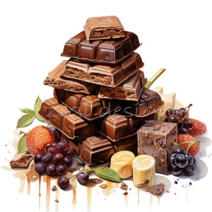 Pila di barrette di cioccolato con bacche, clipart digitale PNG - 20 ricco assortimento di cioccolatini gourmet per progetti di design