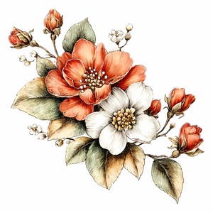 Könnte beinhalten: Aquarell-Illustration eines Blumenarrangements mit roten und weißen Blüten, Knospen und grünen Blättern. Die Blumen haben detaillierte Blütenblätter und gelbe Zentren. Das Kunstwerk ist vor einem weißen Hintergrund gestaltet, was eine zarte und künstlerische Ästhetik erzeugt.