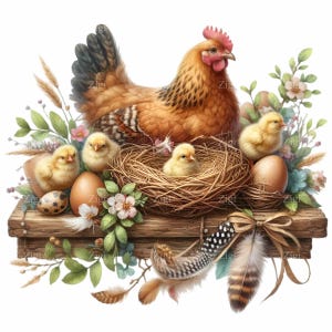 15 imágenes PNG de gallinas y pollitos: gallina rústica de granja con nido, huevos y flores, descarga digital de primavera