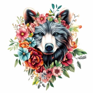 12 PNG Orso Floreale PNG - Clipart di Animali Acquerello - Arte di Orso della Foresta Selvaggia per Sublimazione, Artigianato Naturale, Stampe Murali, Magliette