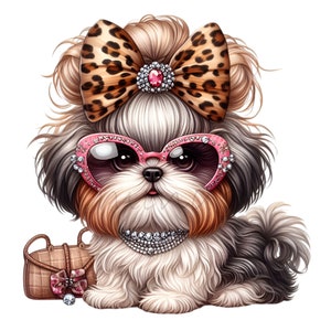 15 Clipart di cani glamour PNG, cucciolo elegante con fiocco leopardato e occhiali da sole, download digitale per artigianato e decorazioni