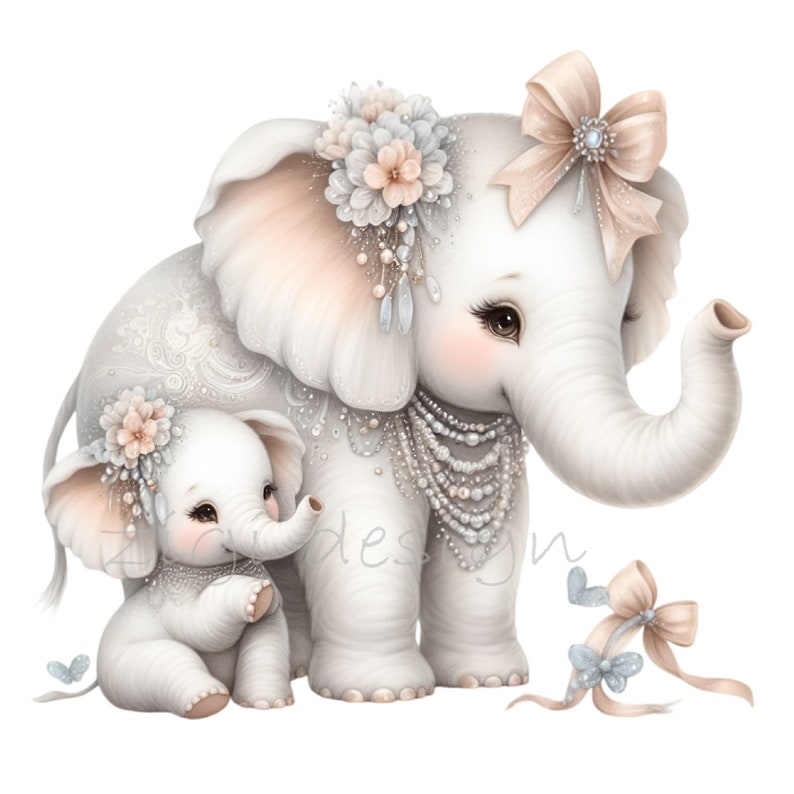 May include: Two white elephants, one larger than the other, are adorned with pearl necklaces, floral headbands, and bows. The larger elephant has a pink bow with a rhinestone embellishment. The smaller elephant is sitting in front of the larger elephant.