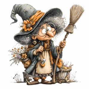 May include: A whimsical illustration of a cartoon witch with gray curly hair, wearing a large gray hat with orange accents and a flower. She holds a broom and carries a basket of flowers and a small bag. The witch is dressed in a blue coat and apron.
