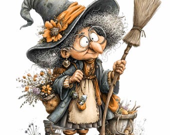 14 PNG Elder witch clipart – Funny grandma Halloween lady