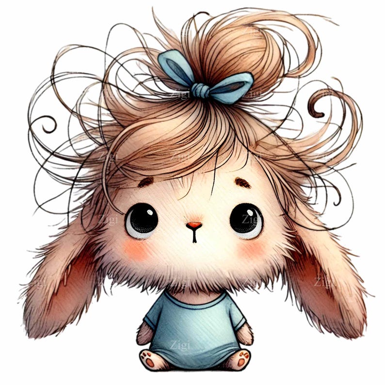 12 PNG Funny Bunny Pajama Clipart, Messy Hair Rabbit, Blue Striped ...