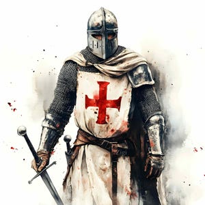 May include: A watercolor painting of a knight in armor, wearing a white tunic with a red cross. He is holding a sword and has a determined expression on his face.
