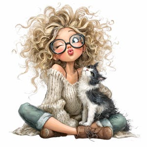 17 PNG Girl with cat clipart - cute PNG illustration - digital download for crafters, pet lovers, wall art, cards, sublimation projects