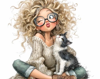 17 PNG Girl with cat clipart - cute PNG illustration - digital download for crafters, pet lovers, wall art, cards, sublimation projects