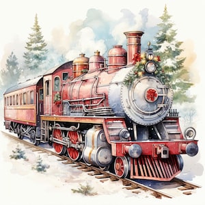 59 JPEG ホリデー列車クリップアート – クリスマス蒸気機関車 JPG アート – 冬のカード、季節の装飾、または子供向けのプリントに最適な、お祝いの赤い機関車