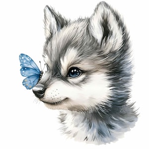 25 JPEG blauwe vlinderkunst – Baby wolf gezicht JPG-clipart – Kwekerijdierenprint voor bosdecor, kinderkamer of knutselen voor dierenliefhebbers