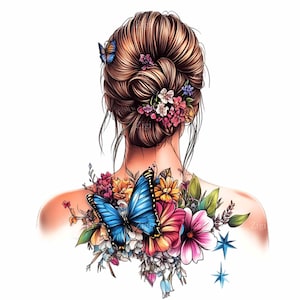 May include: A woman with brown hair styled in a bun with flowers and a blue butterfly. The woman has a large floral tattoo on her back with a blue butterfly.