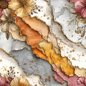 Op de afbeelding: Kunstwerk in aquarelstijl met gescheurde papiertinten in grijstinten, beige, oranje, geel en roze. Gouden accenten en bloemelementen, waaronder bloemen en bladeren, zijn verspreid over het ontwerp.