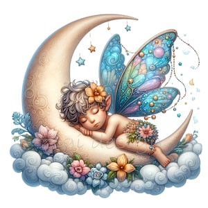 15 PNG Sleeping Fairy PNG – Crescent Moon Digital Art – Whimsical Night Decor, DIY Sublimation Design for Stickers, Mugs, Baby Nursery