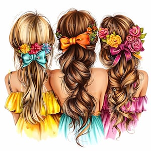 19 JPEG Tres niñas con cabello trenzado y coronas de flores Clipart, Ilustración colorida de la amistad, Arte digital JPG Descargar