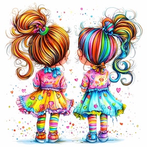 JPEG bunte Mädchen in verspielten Kleidern mit Regenbogen Haar und Mustern JPEG Clipart