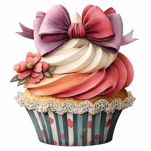 Può includere: Un cupcake decorativo con un grande fiocco viola e rosso. Il cupcake ha glassa bianca, arancione e rosa, un fiore rosa e un involucro a righe blu e bianche con pois rossi. La base è decorata con un bordo in pizzo.