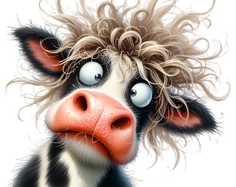 Comics Cow Portrait Clipart, 15 PNG Funny Heifer Lovers Gift Cartoon Graphics Images Printable, Sublimation, Junk Journal