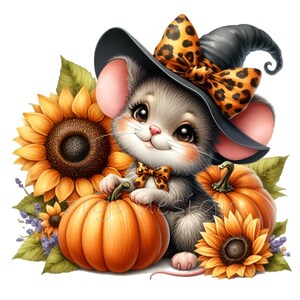 10 simpatici topi di Halloween PNG Clipart, adorabile topo strega con zucche e girasoli, arte digitale autunnale