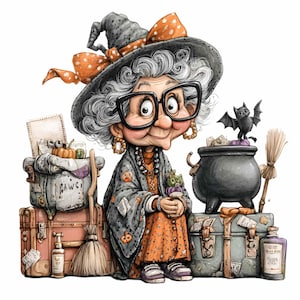 15 PNG Traveling Witch Clipart – Funny Halloween Grandma PNG – Vintage Potion Suitcases for Cards, Sublimation, Decor