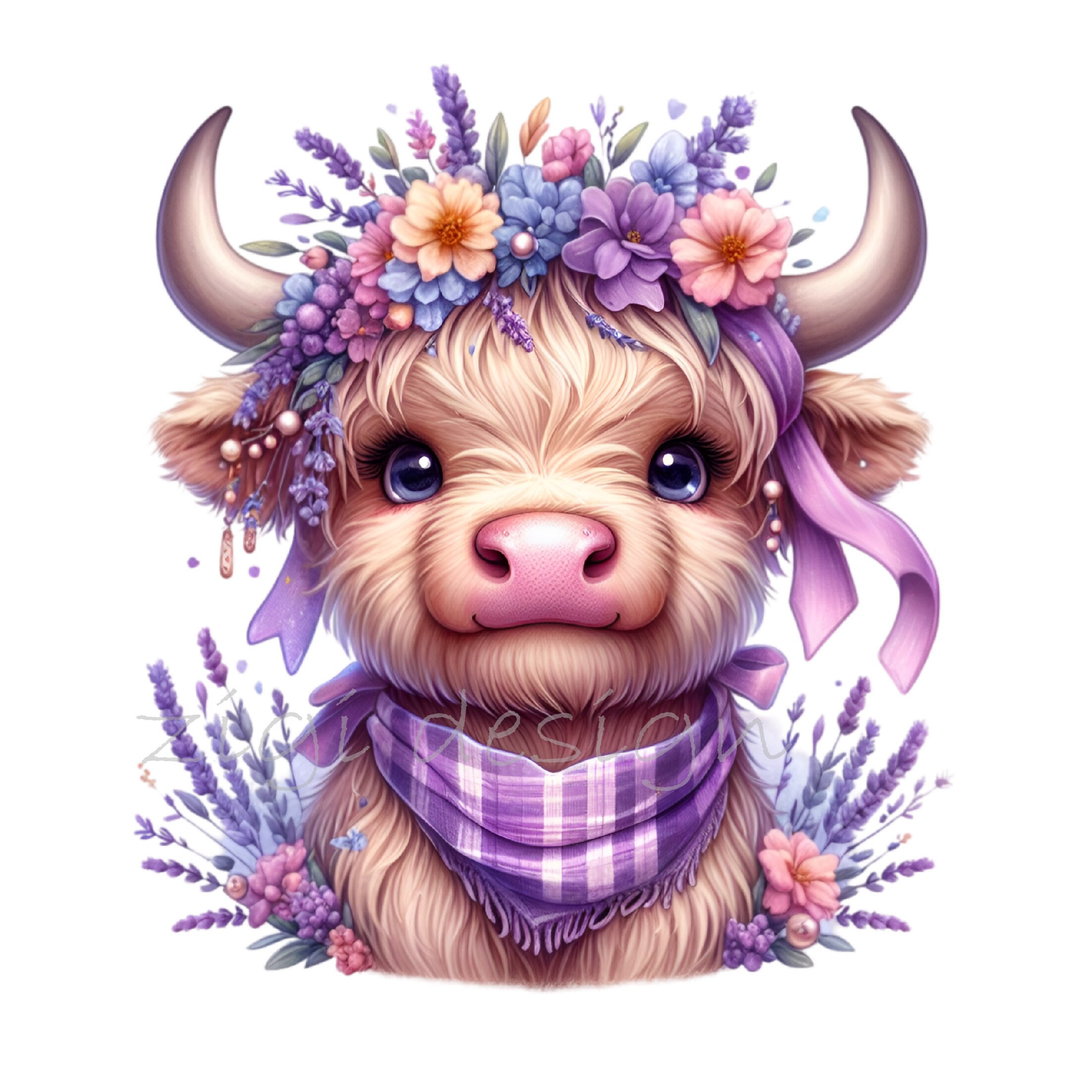 10 Lavender Highland Cow PNG Clipart - Vaca fofa com coroa floral e cachecol xadrez - Download digital para artesanato