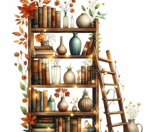 May include: A wooden bookshelf with a ladder, decorated with books, vases, and autumn foliage. The shelves are filled with various books, and the vases hold flowers and plants. String lights are draped across the shelves and ladder.