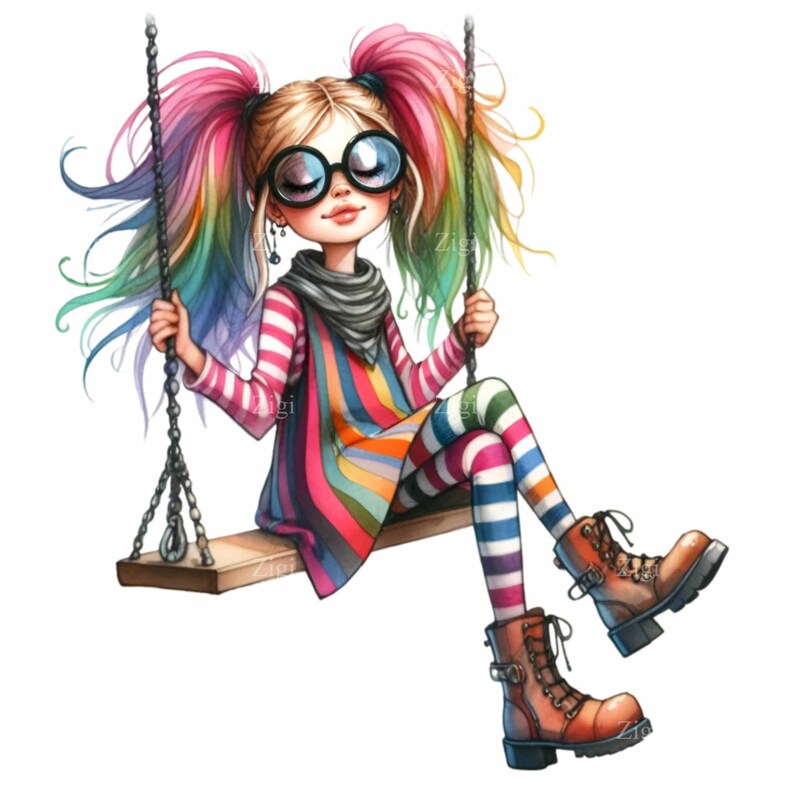 Whimsical Girl PNG Clipart 15 Rainbow Braided Hair Girl With Round