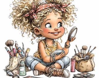 10 PNG Makeup Girl Curly Hair Kid Clipart, Beauty Art