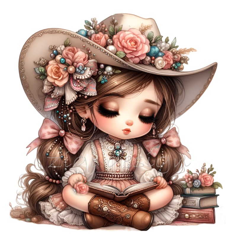 May include: A young girl with long brown hair wears a large, wide-brimmed hat adorned with flowers and pearls. She is sitting with her legs crossed, reading a book. The hat is beige with a pink and white floral design. The girl is wearing a pink dress with a white lace overlay and brown cowboy boots.