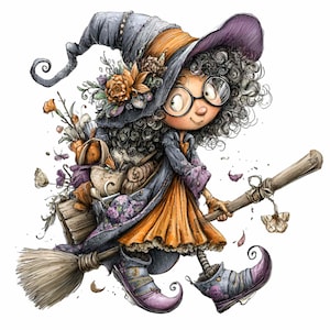 May include: A whimsical illustration of a young witch flying on a broom. She wears a gray hat with floral accents, round glasses, and an orange dress. Her outfit includes a purple coat and boots. The broom is laden with a bag and flowers.