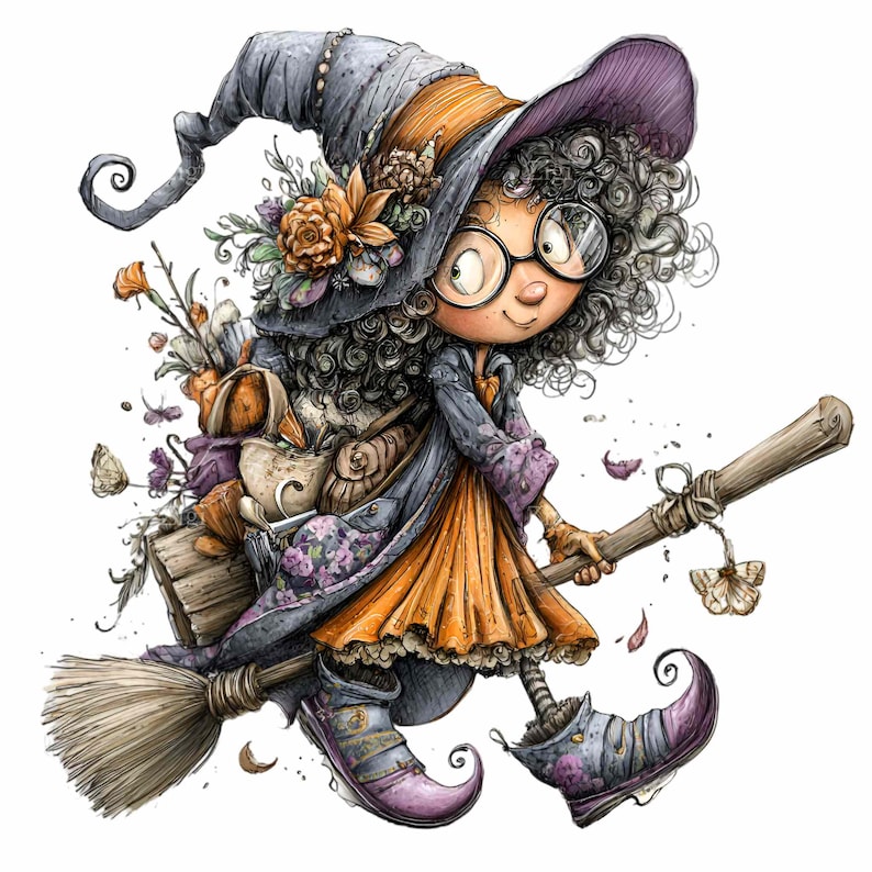 May include: A whimsical illustration of a young witch flying on a broom. She wears a gray hat with floral accents, round glasses, and an orange dress. Her outfit includes a purple coat and boots. The broom is laden with a bag and flowers.