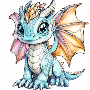 14 青い赤ちゃんドラゴン PNG クリップアート、工芸品用のファンタジー デジタル アート、かわいいドラゴンのイラスト PNG