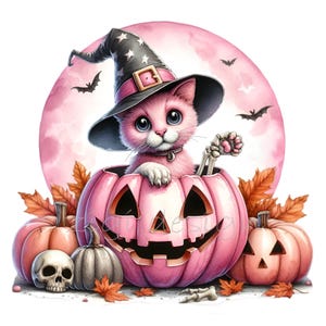 18 Clipart PNG de chat d'Halloween rose, mignon chaton en citrouille avec chapeau de sorcière, téléchargement numérique pastel automne effrayant