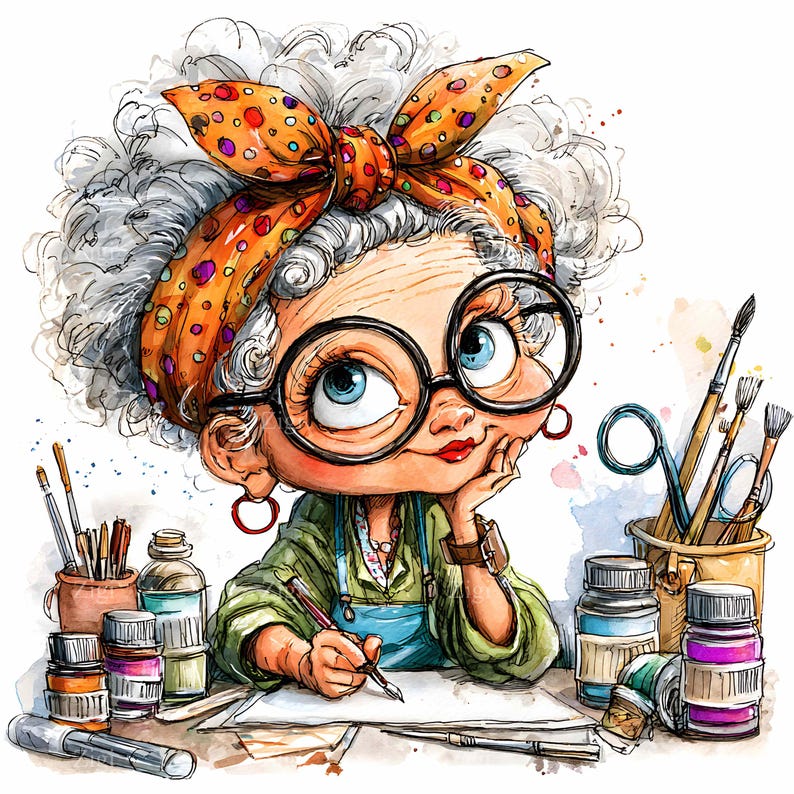 May include: A whimsical illustration of an elderly artist with curly gray hair, wearing large round glasses and an orange polka-dot headscarf. She is seated at a desk, sketching with a pen, surrounded by art supplies including paint jars, brushes, and scissors. The style is colorful and cartoonish.