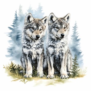 20 Clipart louveteaux JPEG - deux jeunes loups dans une forêt brumeuse, art animalier, illustration numérique de la nature, téléchargement JPG