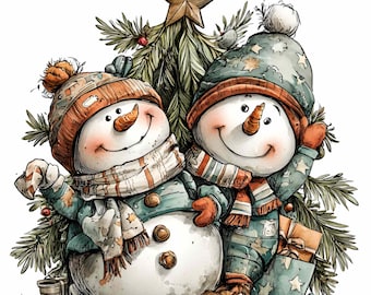 15 PNG 冬の雪だるまペア、クリスマスデュオ昇華ホリデーグラフィックアート