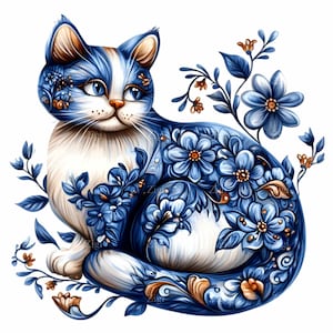 16 Clipart PNG chat floral bleu - chat élégant avec des fleurs art numérique - chat décoratif PNG à télécharger