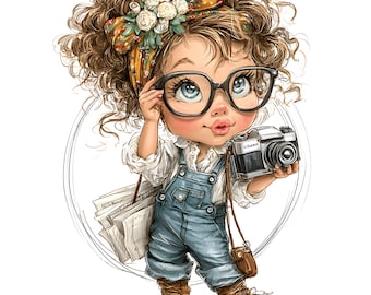 16 JPEG Little photographer clipart – Cute girl camera cartoon JPG – Fun digital art for crafts, kids prints, planner pages, decor