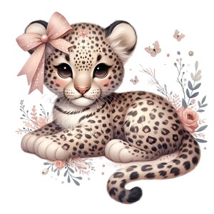 May include: A cute cartoon leopard cub with a pink bow on its head, surrounded by pink and blue flowers. The leopard is lying down with its tail curled around its body.