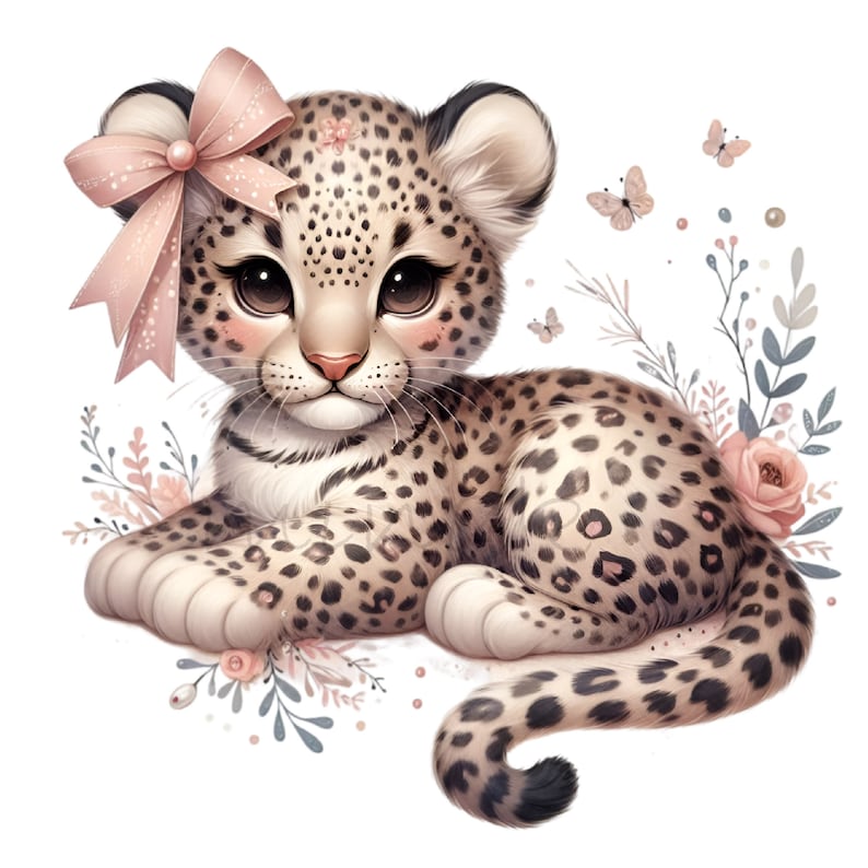 May include: A cute cartoon leopard cub with a pink bow on its head, surrounded by pink and blue flowers. The leopard is lying down with its tail curled around its body.