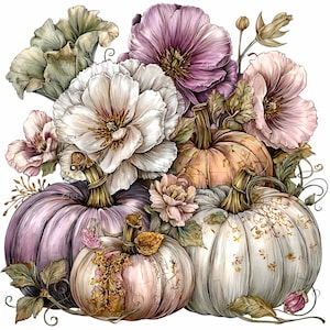 Puede incluir: Ilustración digital de calabazas y flores. Las calabazas son blancas, lavanda y melocotón, con tallos dorados. Las flores son blancas, rosas y moradas, con hojas verdes. El tema general es el otoño y la cosecha.