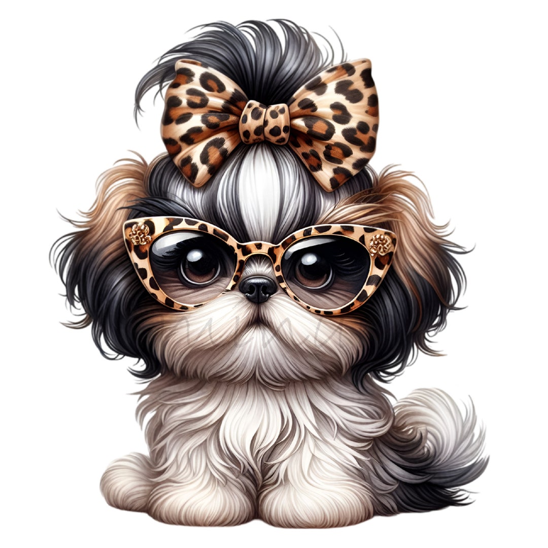 12 PNG Leopard Print Bow Shih Tzu, Glasses Dog Sublimation - Etsy