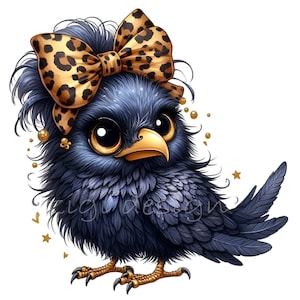 12 Fancy Crow Clipart PNG - Carino uccello nero con fiocco leopardato Download digitale - Elegante corvo con accenti dorati Art