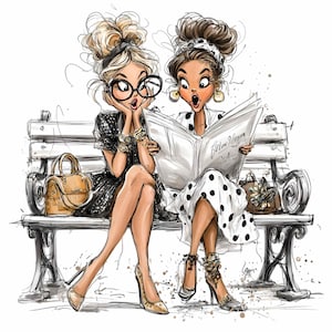 May include: Illustration of two women sitting on a park bench, reading a newspaper. One woman wears a black dress with a polka dot pattern, the other wears a black dress. Both are wearing high heels and carrying handbags. The newspaper reads "Helen Vintage".